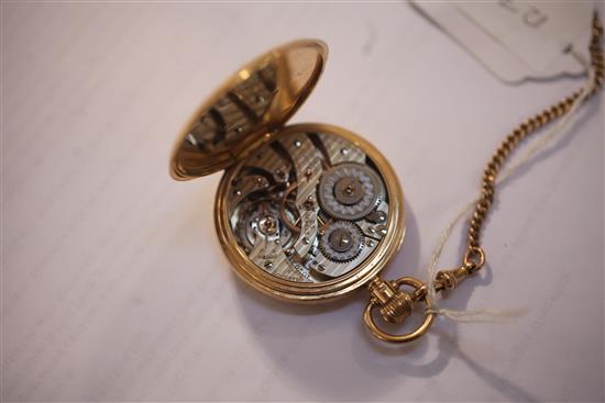 A George V 18ct gold Hamilton open face keyless lever pocket watch and an 9ct gold curblink albert,